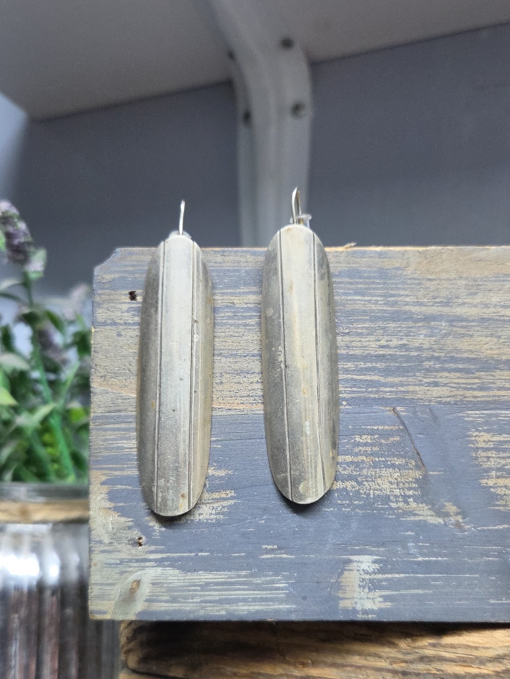 Vintage Silver Elongated Oval Drop Dangle Earrings